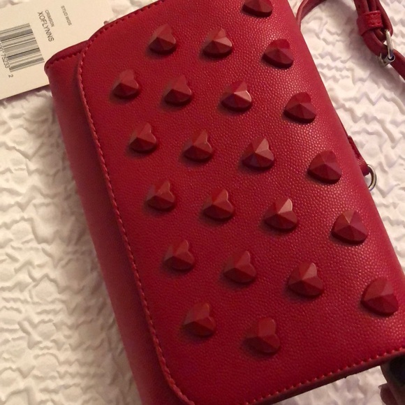 Betsey Johnson Crimson Faux Leather Crossbody Studded Hearts & Chain Accents NWT - Picture 7 of 16